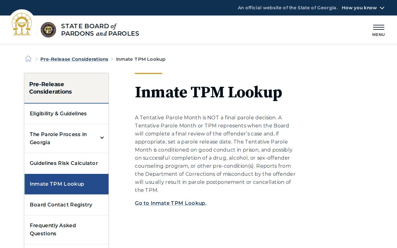 Georgia Parole Board TPM lookup information for release timing