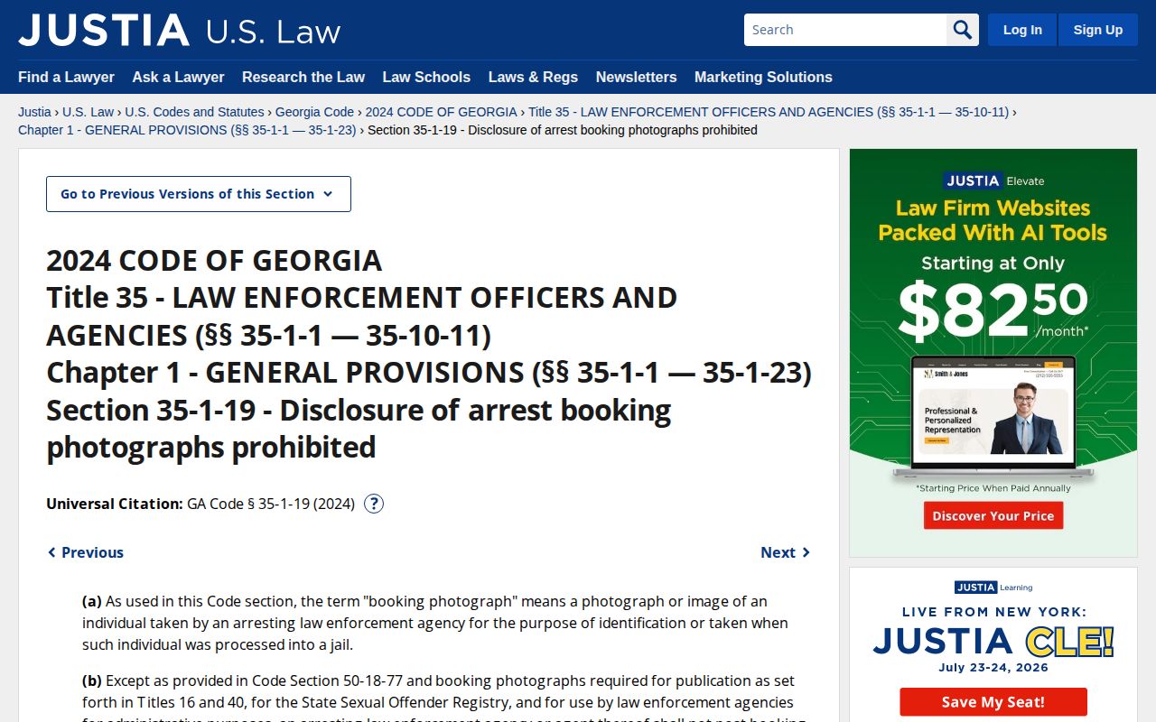 Georgia booking photograph release statute O.C.G.A. 35-1-19